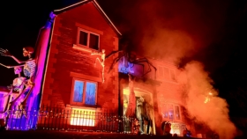 Giant skeletons and Halloween decorations at Alnwick Halloween House